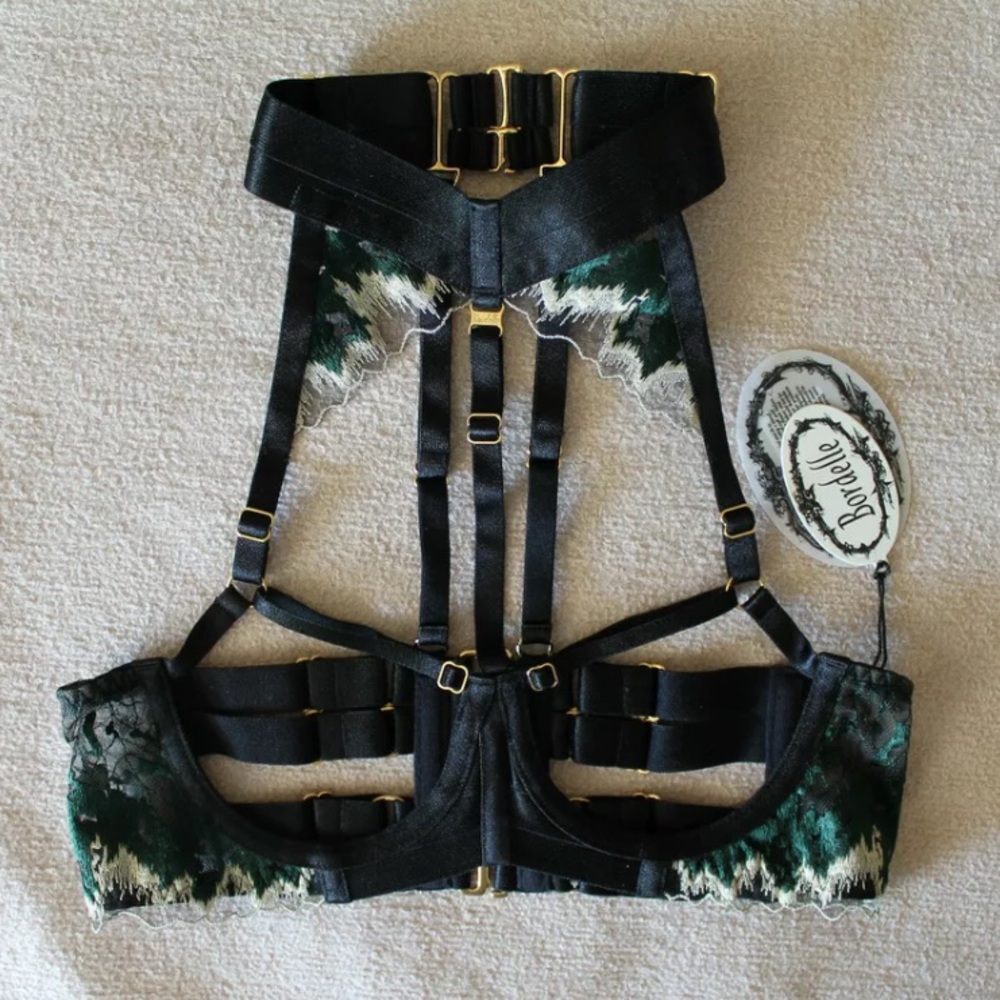 Bordelle Wilde Ouvert Wire Bra Gold Green embroidered 24k SS Ex Small NWT $400
